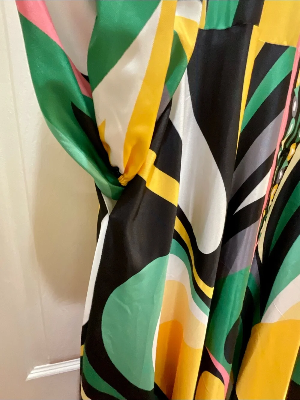 V-Neck Abstract Print Maxi Dress in Green, Yellow, Black & White